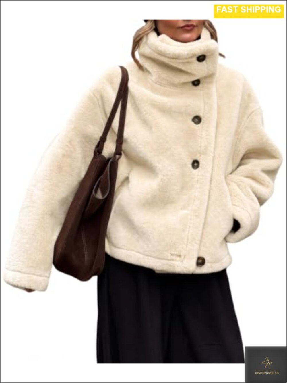 Oversized Sherpa Jacket Stand Collar Button Down Warm Winter Coat